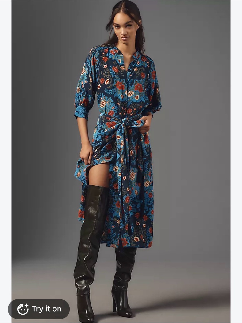 Blue Floral Tie-Waist Midi Dress